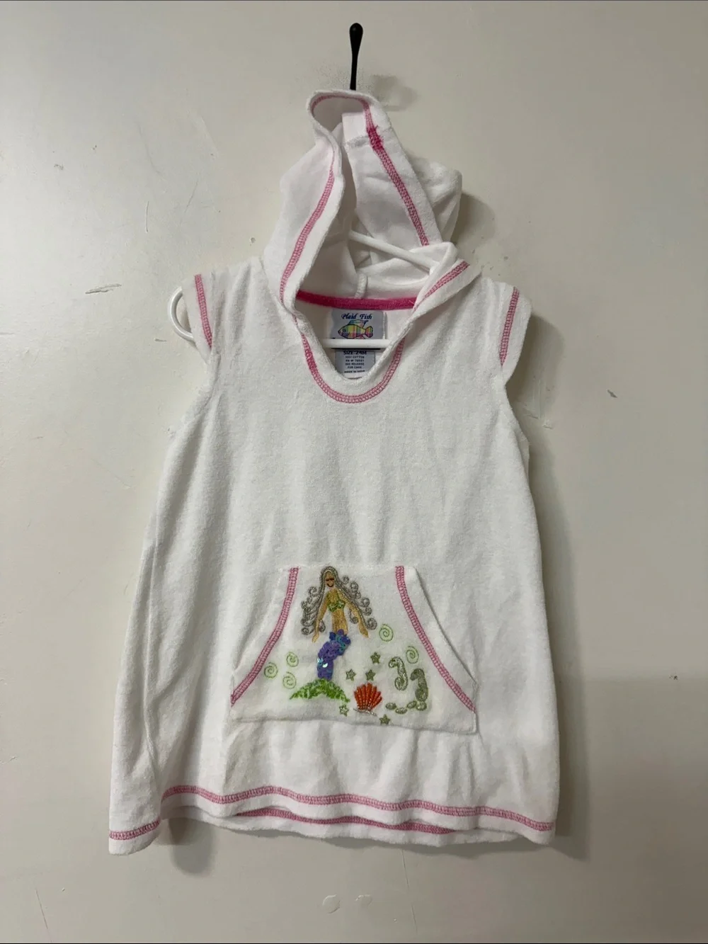 White Hooded Girls Terry Tunic with Pink Trim and Mermaid Y2K